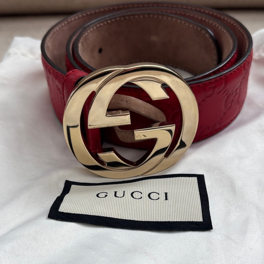 Gucci Red Leather Embossed Belt with Gold Logo Buckle